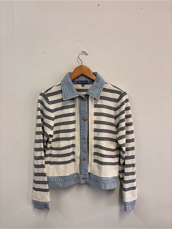 Democracy Jackets & Blazers - Democracy Cream & Navy Striped Knit Jacket with Denim Trim